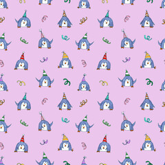 Festive penquin seamless pattern. Illustration for fabric und textile design, wallpaper, packaging, nursery, greeting cards, decoration.