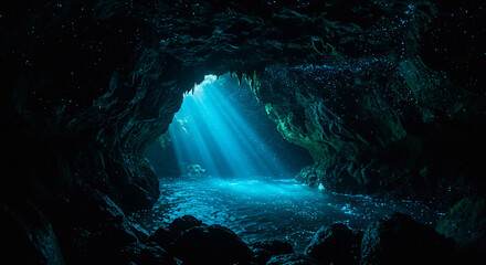 Sunlight streams into a dark cave with water and rock formations creating a serene underwater scene