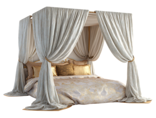 Luxurious bed adorned with a flowing canopy