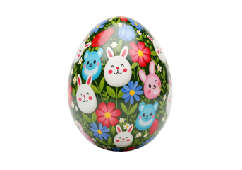 Easter egg decorated with rabbits and flowers.