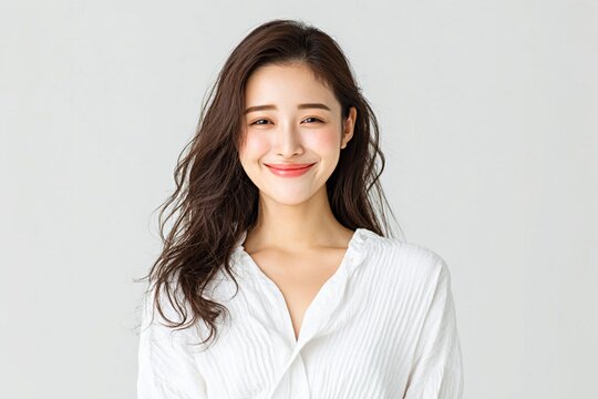 Headshot portrait of a beautiful young Asian woman with a friendly smile on a white background generated by AI