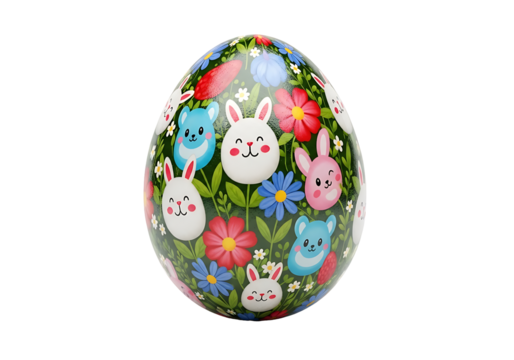 Easter egg decorated with rabbits and flowers.