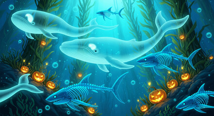 Fototapeta premium A surreal and magical fantasy illustration of an underwater Halloween scene. Whales and ancient sharks swim through the deep blue ocean