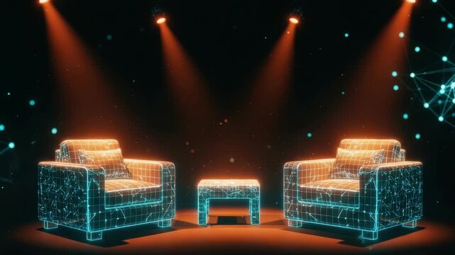A futuristic digital representation of two glowing armchairs and a coffee table illuminated by vibrant spotlights set against a dark background filled with abstract network patterns