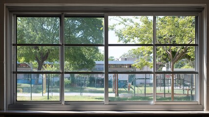 Fototapeta premium Bright and inviting view of a playground through a large window, framed by lush greenery.