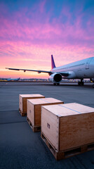 Wooden crates arranged in a row near the airplane under a beautiful sunset. The scene evokes feelings of travel and the movement of goods