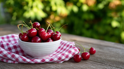A bowl of fresh, ripe cherries, arranged on a checkered cloth and rustic wooden table, with a blurred green background.