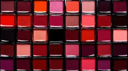  Diverse lipstick hues on black backdrop with overlapping grid of various shades