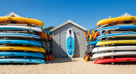 A water sports rental station on a sunny, sandy beach. Colorful kayaks and stand-up paddleboards (SUPs) are stacked high on storage racks on either side of a small wooden shed, ready for a summer.
