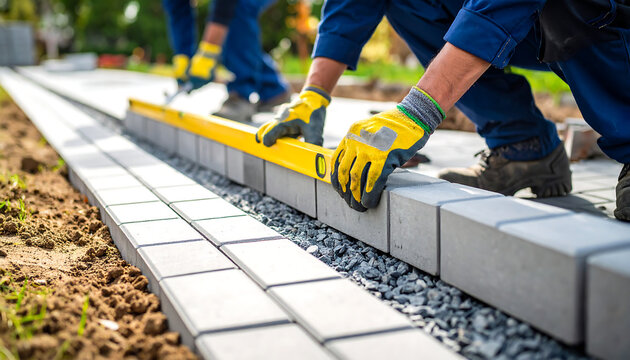 Construction workers level paving stones on a path, using a spirit level to ensure a straight and even surface.
