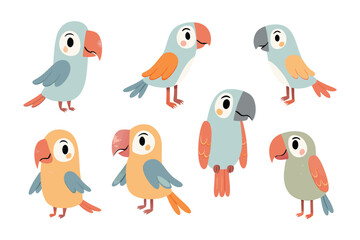 Playful Parrots: An illustrated group of adorable parrots, each with unique colors and endearing expressions, set against a simple background, creating a charming scene of tropical delight.