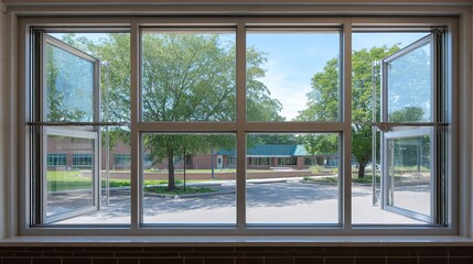 Bright, airy school interior view featuring open windows and greenery outside.