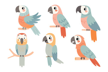 Playful Parrots Collection: A charming collection of colorful parrots perched on branches, each with its unique pattern and vibrant hues. Displaying joyful energy in the image.