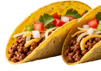 Two tacos filled with seasoned ground beef, topped with shredded cheese, diced tomatoes, diced onions, and cilantro.