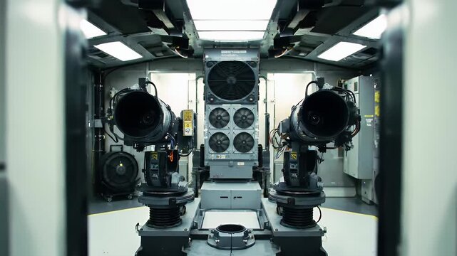 Advanced Dual Laser Weapon System in a High Tech Room with Precision Targeting and Cooling Fans
