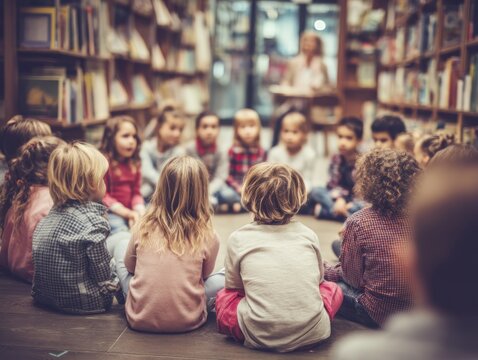 Children in a circle learning in a library
