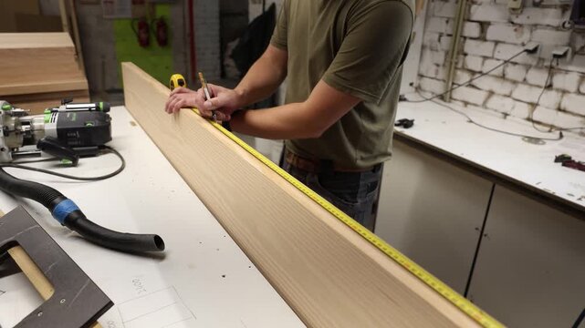 A man in a workshop carefully marks a wooden board using a tape measure and pencil, preparing it for a precise cut during a furniture-making process