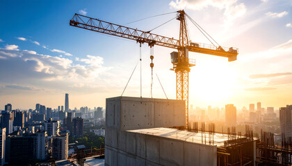 Construction crane lifting a concrete block on a building site with a cityscape skyline and blue sky with clouds in the background.
