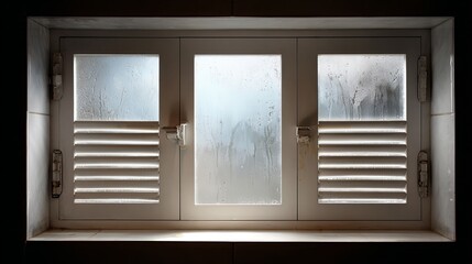 Obraz premium Moisture-laden glass panes with white shutters, creating a serene and mysterious atmosphere.