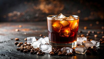 Iced coffee in a glass with ice cubes and coffee beans scattered on a dark textured surface.