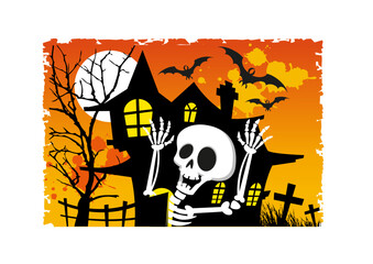 A haunted house, a skeleton, bats and graves