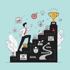 a person climbing stairs toward a trophy, with icons of goals.eps