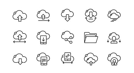 Minimal Cloud Computing and Data Storage Outline Icon Collection