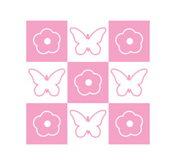 abstract square modern pattern with cute chamomile flowers, butterfly . natural floral pink background surface design, textile, print, wrapp paper, cover. vector art illustration.