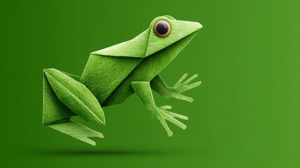 Energetic origami frog leap handmade japanese paper craft artful display in vibrant green nature inspired