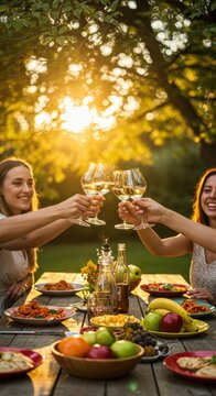 Friends Toasting with Wine Glasses at Outdoor Garden Dinner Party &ndash; Sunset Celebration Scene 