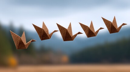 Fototapeta premium Origami goose flying in v formation handmade paper art japanese craft nature environment aerial view