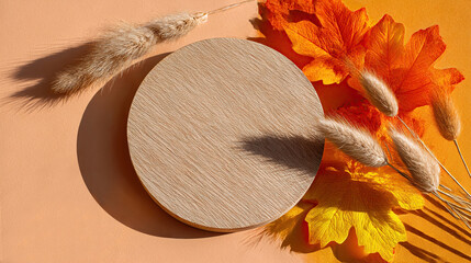 Round wooden podium on beige background surrounded by orange leaves, dry grass and soft shadows. Fall backdrop for product display