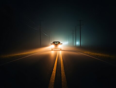 Car Driving on Foggy Country Road at Night with Bright Headlights, A car drives through fog at night with headlights on