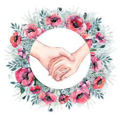 Floral wedding wreath of poppies with a pair of hands on a white background. A wreath, a botanical design element