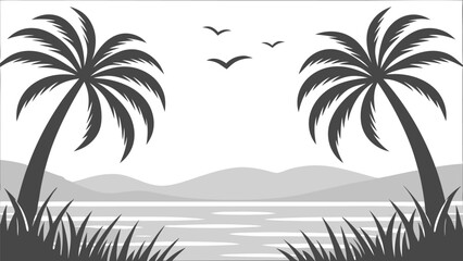 Obraz premium Tropical beach scene with palm trees and ocean view