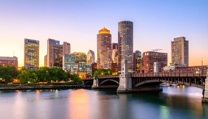 Obraz premium Panoramic view of Boston skyline at twilight reflecting in Charles River