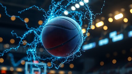 Basketball suspended in electric blue energy splash sport