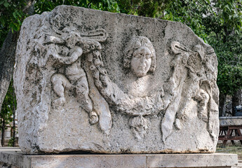 A stone block of a building in the ruins of the ancient city of Sagalassos in Turkey
