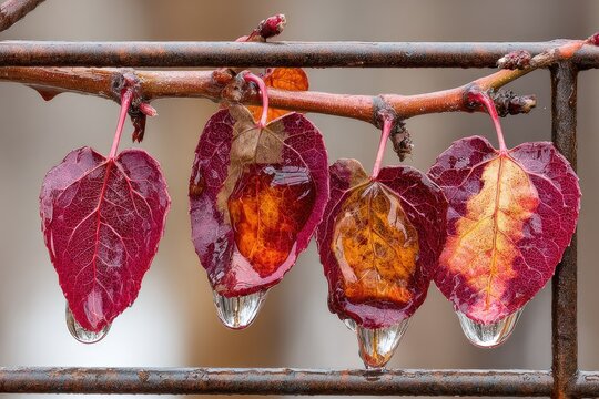 Red leaves with water droplets clinging to them, framed by rusty metal