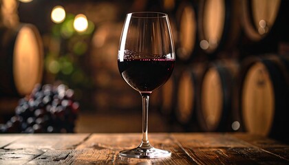 A glass of red wine sits on a wooden table with grapes and barrels in the background.