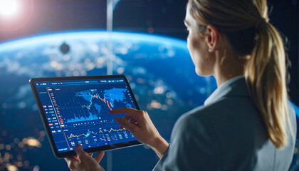 Global Business Analysis: A woman meticulously analyzes financial data on a digital tablet, with the backdrop of the earth, highlighting the concept of global economics.