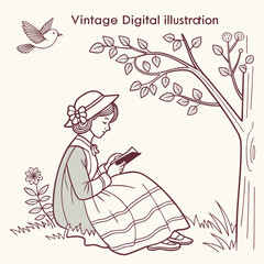 Vintage young women clothing traditional dress and reading book line art coloring vector illustration