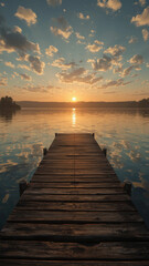 Fototapeta premium AI image of a rustic wooden dock stretches into a calm, glass-like lake reflecting the golden hues of the sunset
