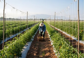 Farmer Harvesting Vegetables in a Rural Field with Rows of Crops and Mountains in Background
