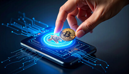 Bitcoin Placement on Technology: A close-up image displays a hand carefully placing a Bitcoin digital coin onto a glowing mobile device interface. This symbolizes digital currency in a digital world.