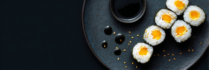 Tamago sushi looks tempting on plate with soy sauce, ready to eat