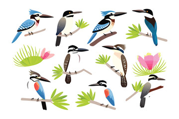 Obraz premium Colorful Avian Collection: An array of vibrant birds perches on delicate branches, their plumage a kaleidoscope of colors, creating a lively scene.