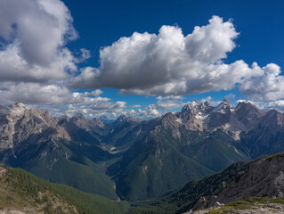 Fototapeta premium Dolomites landscape showing tre cime di lavaredo and green valley under cloudy sky