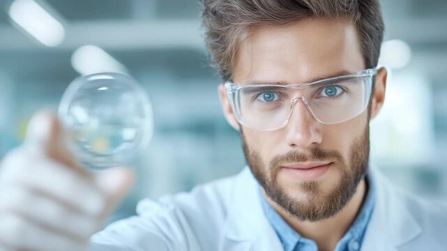 Scientific Discovery: A focused scientist, clad in safety glasses and a lab coat, holds a clear glass sphere, highlighting the precision and dedication involved in scientific exploration.