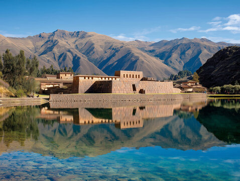 Inca ruins of tip&oacute;n reflecting in a lake with andes mountains in the background, peru